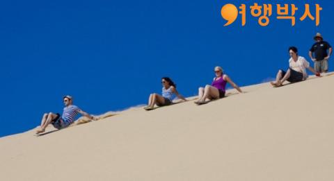 샌드보딩 얼티밋 오즈 여행의 포트 스티븐스(Port Stephens)에서 친구들과 사구를 미끄러져 내려오는 모습
