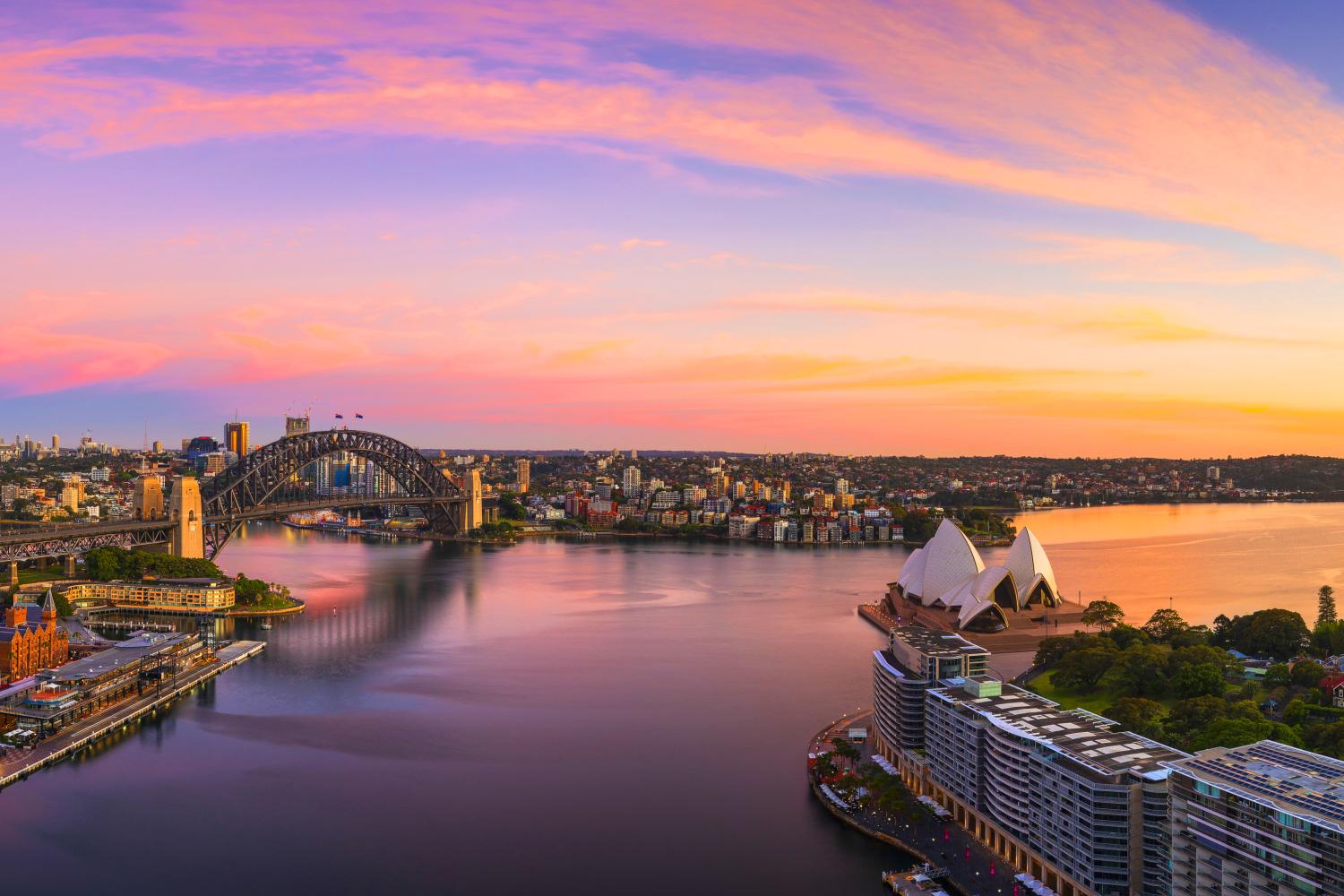 이상의 일출의 항공 보기 서큘러 키(Circular Quay)